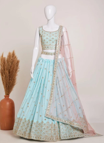 Party Wear Sky Blue Sequence Work Crush Georgette Lehenga Choli